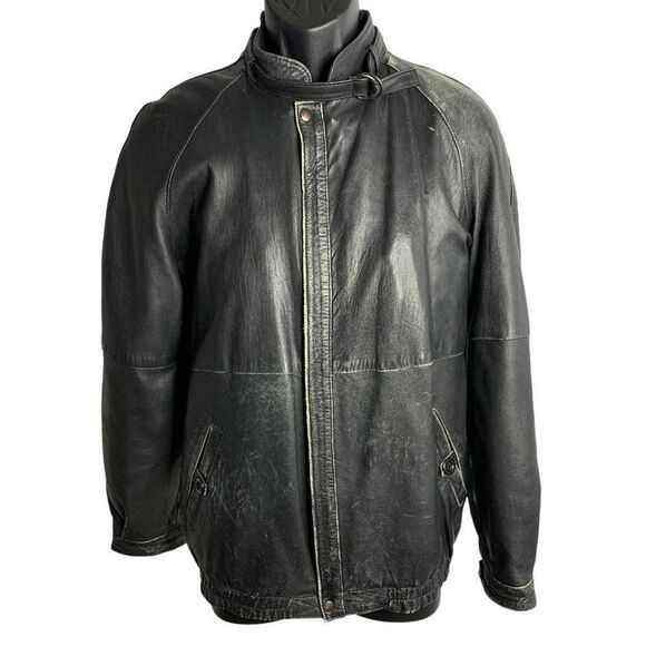 Vintage Italian Leather Racing Jacket S Black Zip Pockets Lined Elastic Waist
